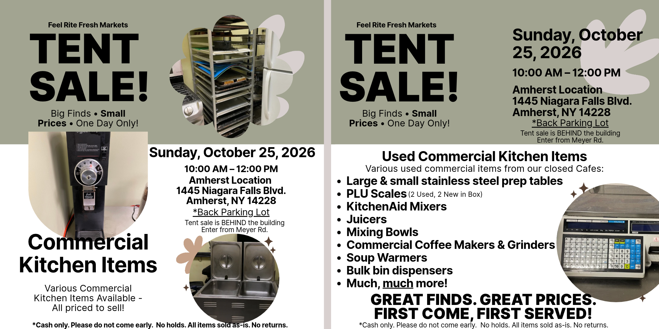 Tent Sale! Sunday, October 25, 2026. 10a-12p - Commercial Kitchen Items!